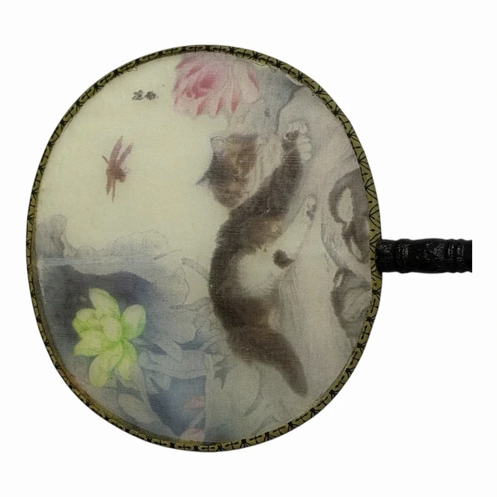 Double Sided Cat Decor Hand Held Painted Fan Chinese Han Ancient Round Fan